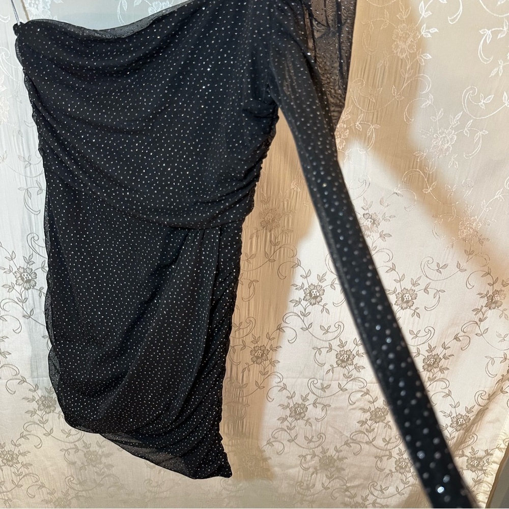 Lucy in the Sky Black Glitter Polka Dot One-Shoulder Dress Sheer Sleeve MEDIUM - Picture 8 of 11